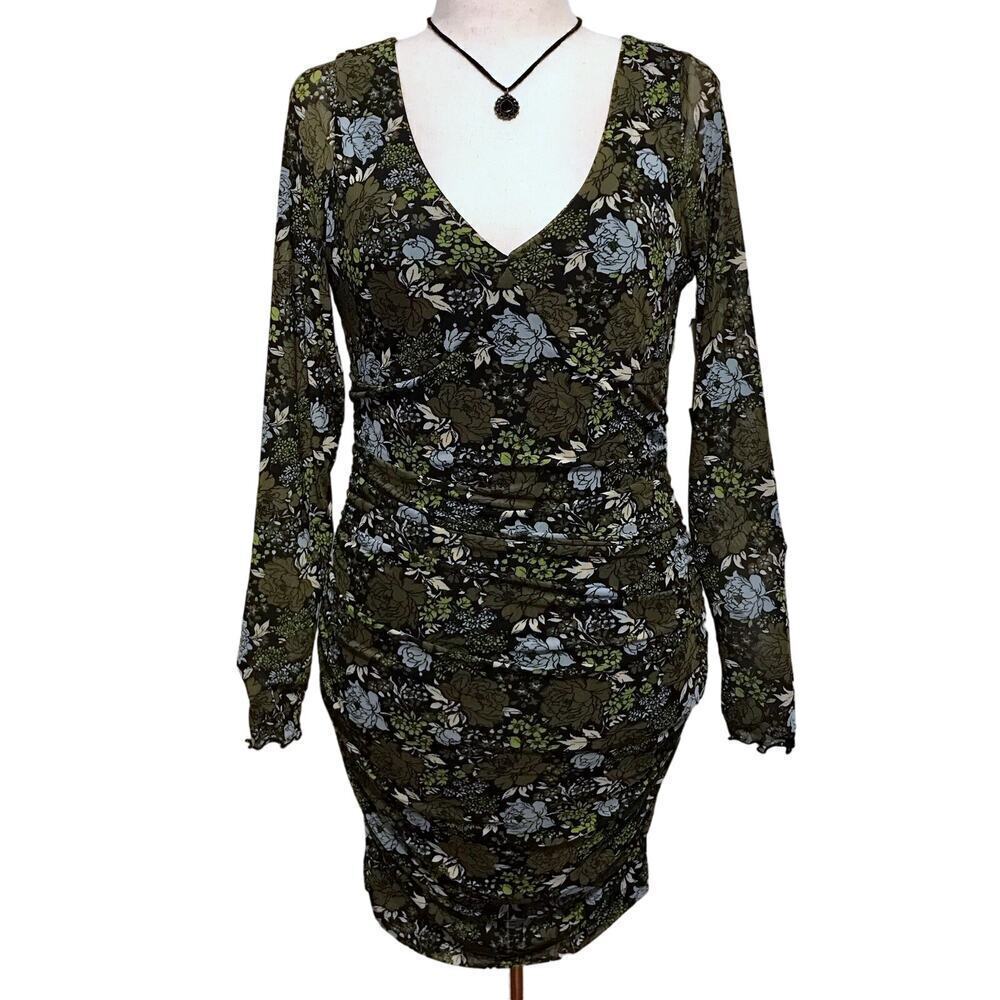 BP NWT Ruched Long Sleeves Floral Bodycon Mini Dress Women L